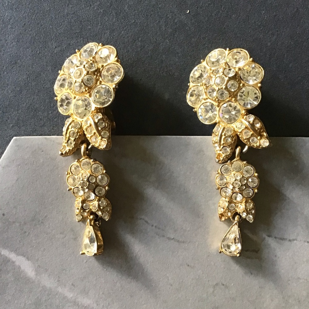Gold and Rhinestone Floral Clip Earrings